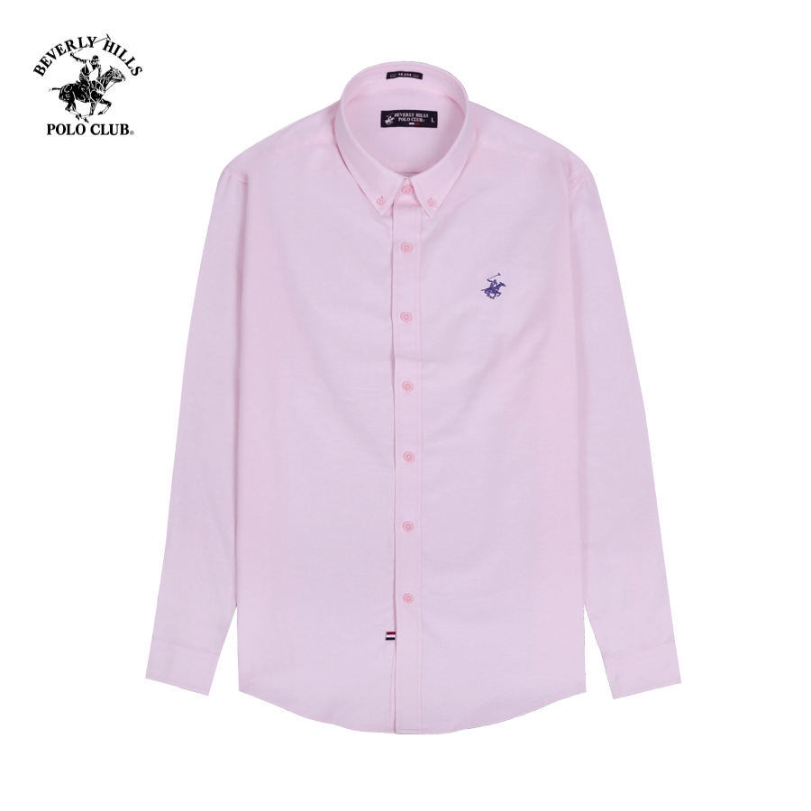 Beverly Hills Polo Club-เสื้อเชิ้ตแขนยาวผู้ชาย Slim Fit สีชมพูธรรมดา-CMSLW23TL007