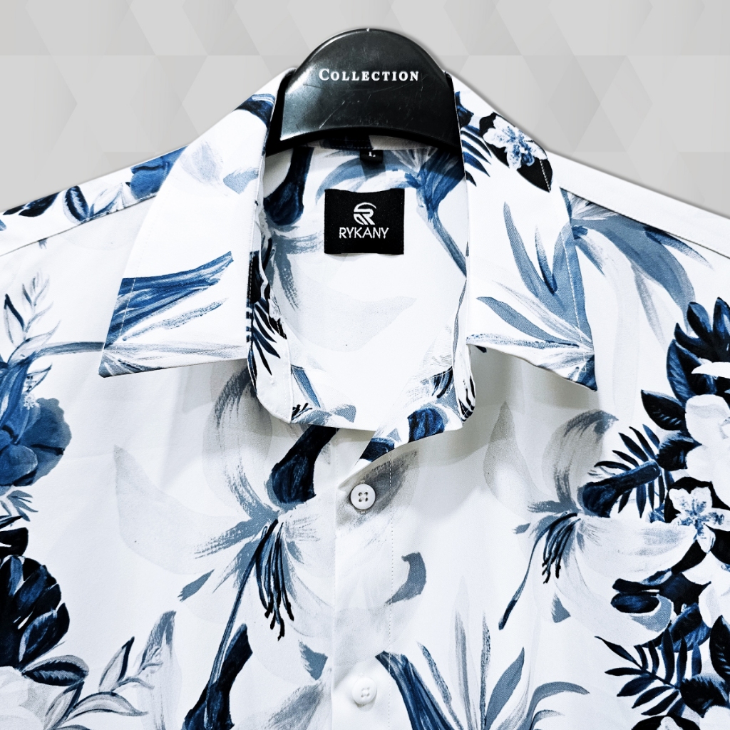 เสื้อเชิ้ตผู้ชายลายดอกสีฟ้า ผ้าไหมไทย ยืด นุ่ม โปร่งสบาย (ร216)