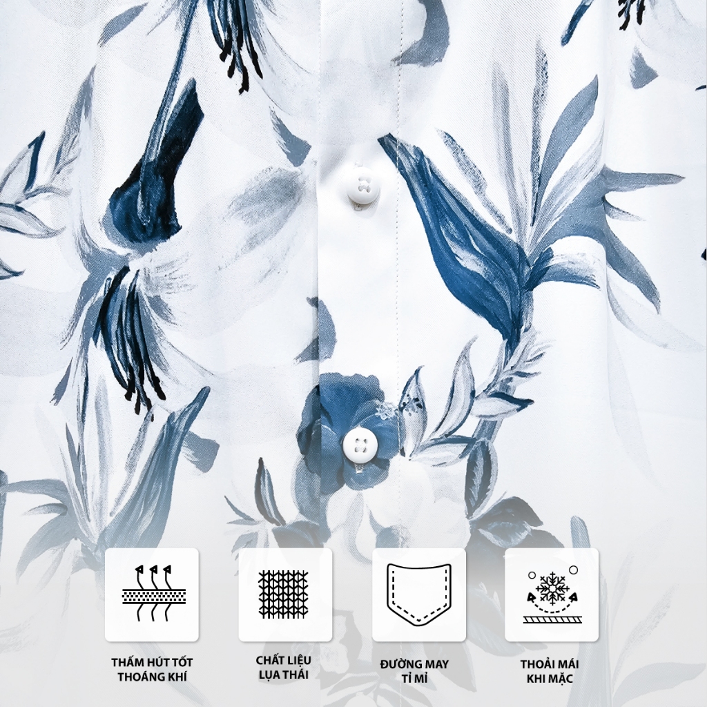 เสื้อเชิ้ตผู้ชายลายดอกสีฟ้า ผ้าไหมไทย ยืด นุ่ม โปร่งสบาย (ร216)