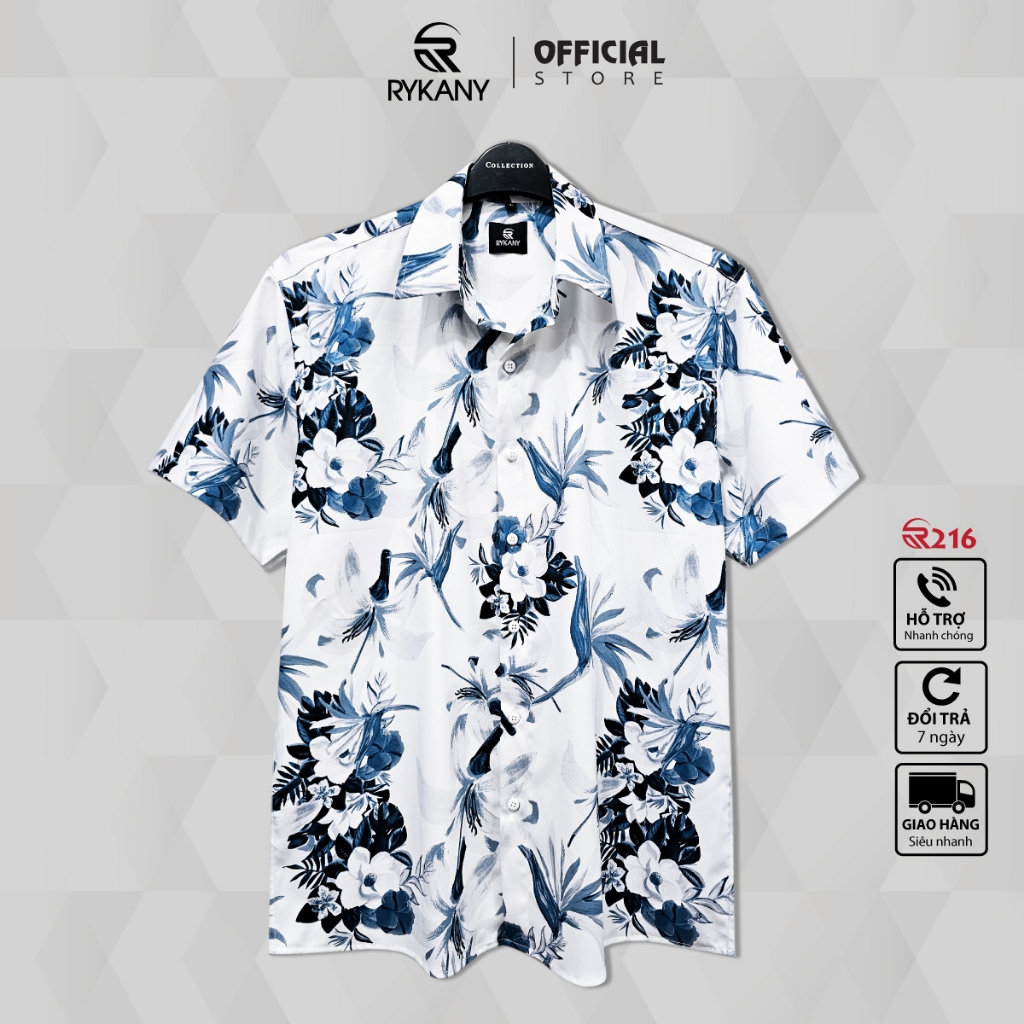 เสื้อเชิ้ตผู้ชายลายดอกสีฟ้า ผ้าไหมไทย ยืด นุ่ม โปร่งสบาย (ร216)