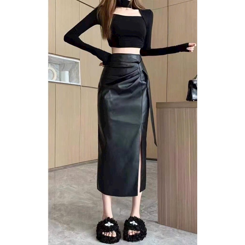 X-MIN SHOP กระโปรงหนังยาว หนังหนาสวย V17