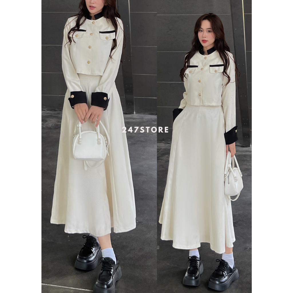 Set เสื้อคอเต่ามีกระเป๋าฝาพับและชายผสมกระโปรงยาว - 247store - Setda700_P8K6