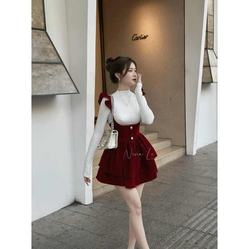 ชุดเอี๊ยมแฟชั่นสตรีใส่ไปเที่ยวเป็น กํามะหยี่ ปีกนางฟ้า ติดกระดุมเอว กระโปรงบานพร้อมกางเกง การควบคุมคุณภาพ ผสมเสื้อยืดจั๊มเย็นแขนยาว