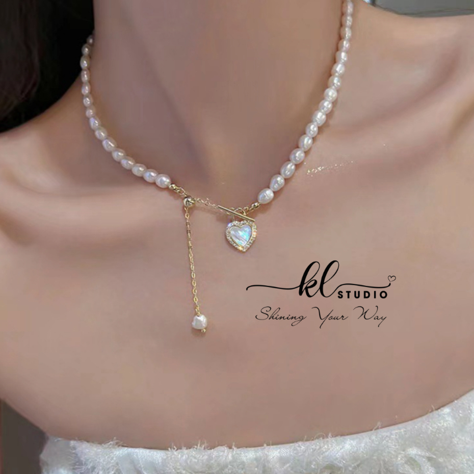 สร้อยคอไข่มุกจี้หัวใจสีขาวพร้อมจี้หัวใจปักหมุดหยดน้ําสร้อยคอโชคเกอร์มุกเทียม-N20
