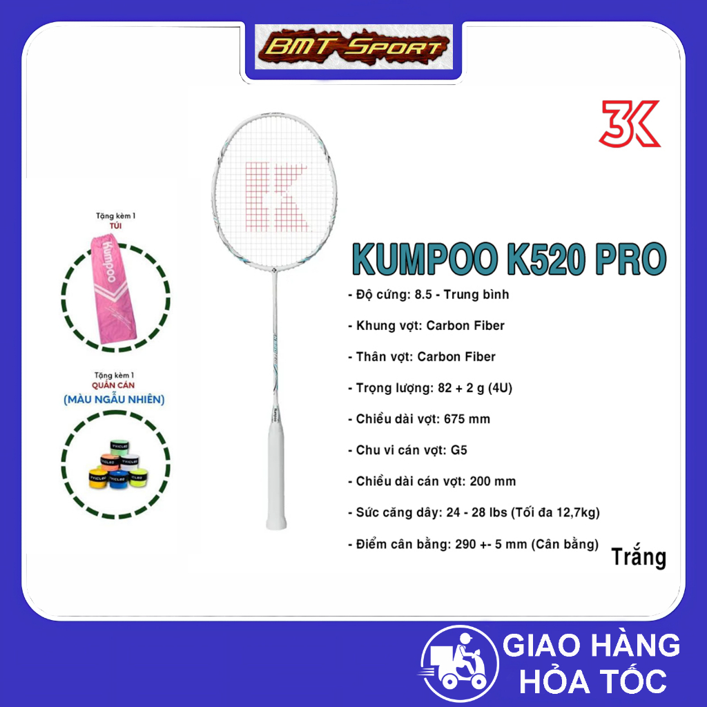 ไม้แบดมินตัน Kumpoo Power Control K520 Pro สีขาว/ดํา K520S ของแท้ แร็กเกตมือหมุนครบวงจร (ชมพู/ขาว)