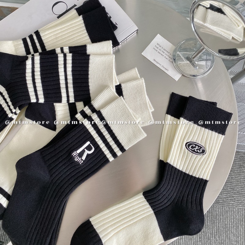 [HOME SOCKS SHOP - MTM STORE] ถุงเท้าคอยาวลายทางสีดําและสีขาวขั้นพื้นฐานของผู้หญิง วัสดุยืด 4 ทิศทาง