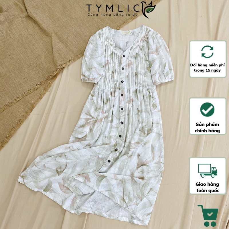 V คอปุ่มจีบ Midi Dress แขนสั้นลายดอกไม้ D365 TYMLIC
