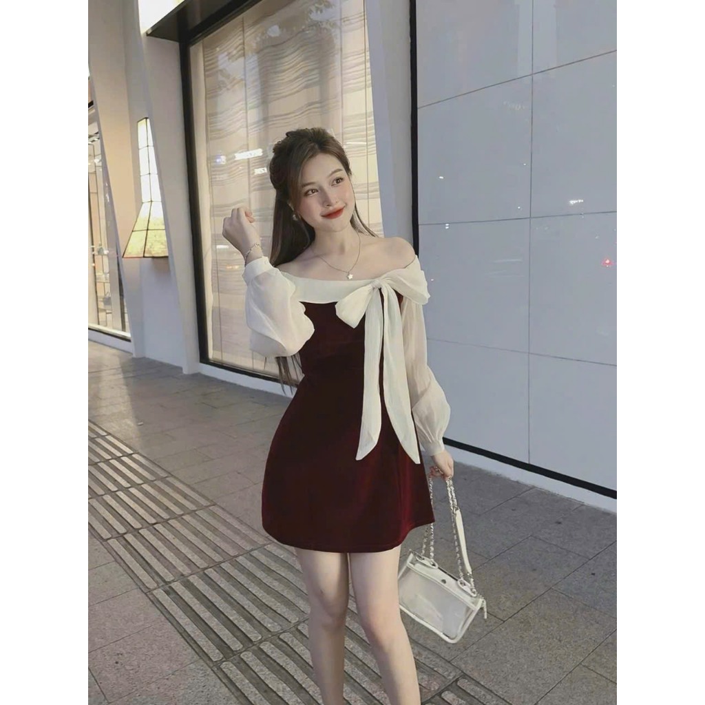 เดรสกํามะหยี่ปาดไหล่ทรงสวยผ้าไหมพรมนุ่มแขนยาวเหมือนแบบ