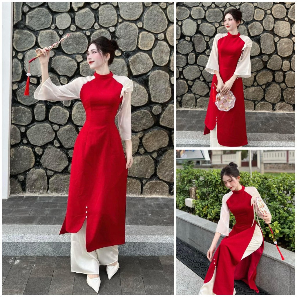 M20 Modern ao dai พร้อมปกรถไฟเฉียงและแขนบาน สีแดงขาวผสมมุก (รวมกางเกง+ป้ายโบว์) เหมาะสําหรับ Spring 