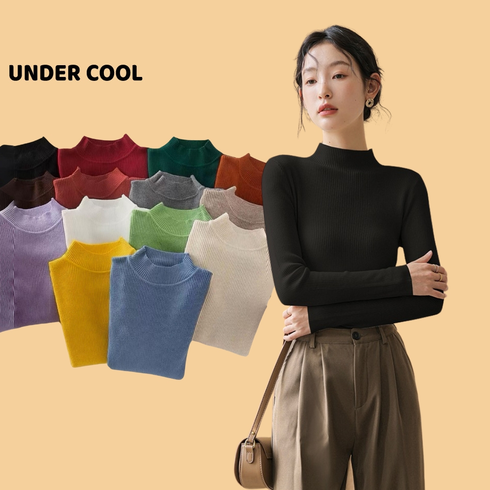 ภายใต้คูล เสื้อสเวตเตอร์คอต่ํายืดรัดรูปคอปกไหมพรม 3 ซม ดีไซน์อ่อนเยาว์หลายสีวัยรุ่น ADT01