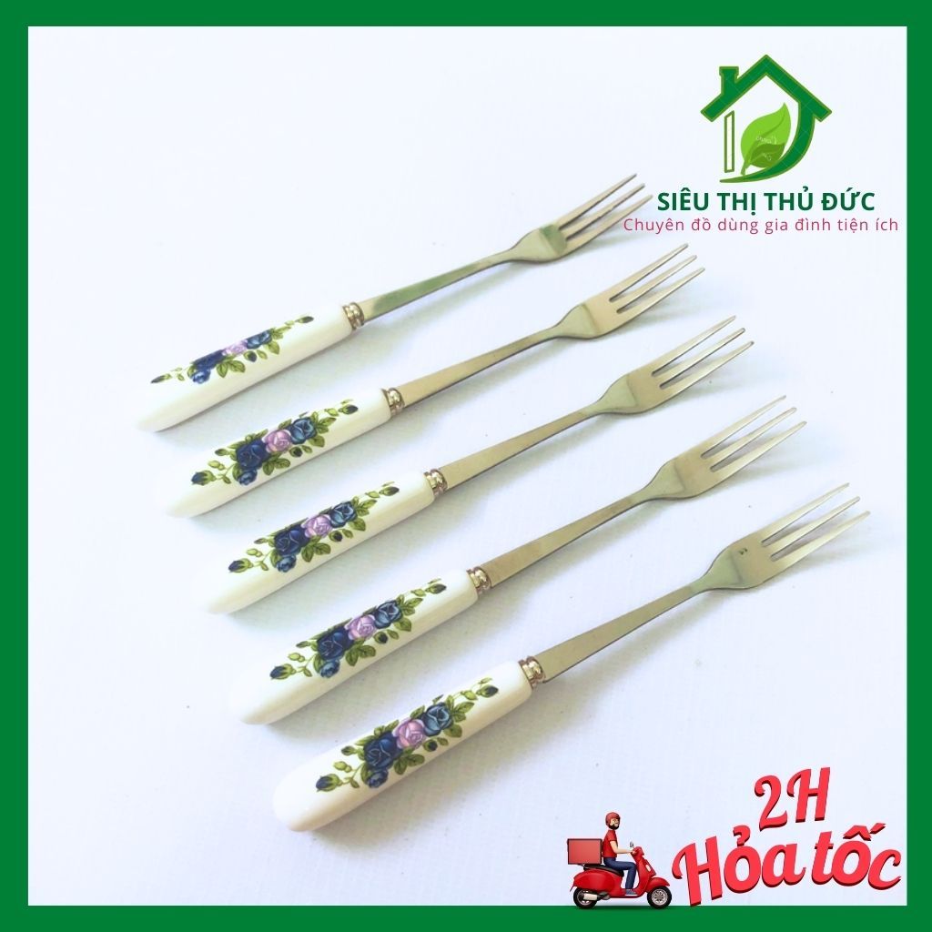 ส้อมผลไม้สแตนเลสขนาดเล็กพร้อมที่จับพอร์ซเลนพิมพ์ลายคุณภาพสูงสุดหรู (สีสุ่ม)