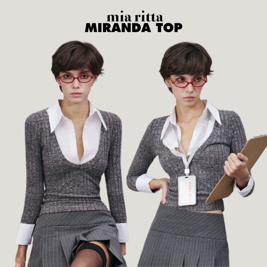 Mirada Top Mia Ritta shirt sweater A2181 - เสื้อสเวตเตอร์จั๊มสีเทาคอปกเชิ้ตสีขาวแขนยาว