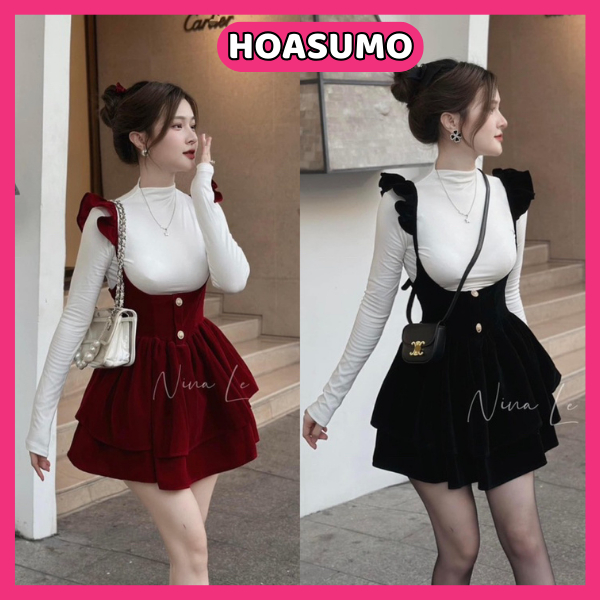 ชุดเดรสผู้หญิง 3 ชิ้น ชุดกระโปรงสายเดี่ยวกํามะหยี่ปีกนางฟ้าเสื้อแขนยาวคอเต่าสีขาวสไตล์น่ารักสําหรับผู้หญิง HB92 โฮอะซูโมะ