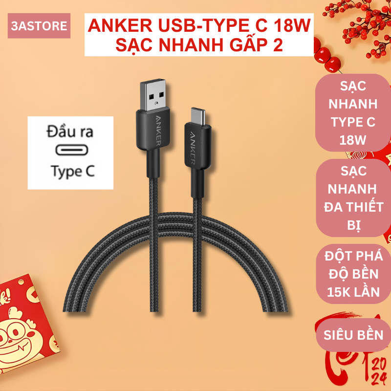 ANKER A81H5 A81H6 USB to Type C สายชาร์จเร็วสําหรับ Samsung Android 15W - ยาว 0.9 เมตร 1.8 เมตร 3ast