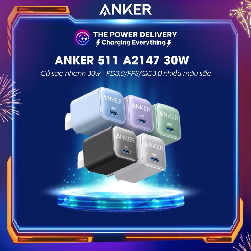 Anker 511 GaN Pro 30w fast charger - PD3.0/PPS/QC3.0 A2147 หลายสี - 12 เดือน