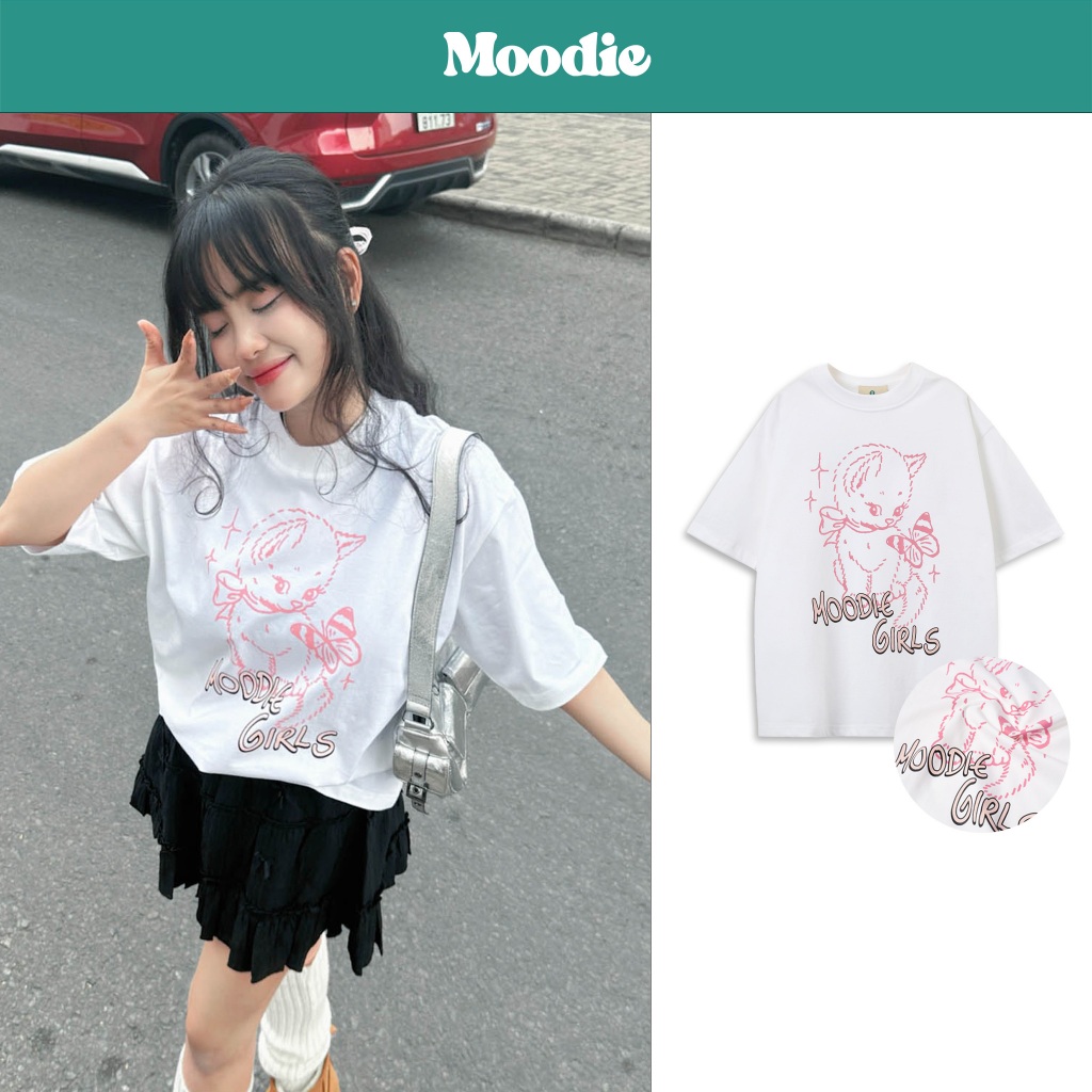 เสื้อยืดทรงหลวมลูกแมว"ผ้าคอตตอน100% | Moodie BRAND - สีขาว