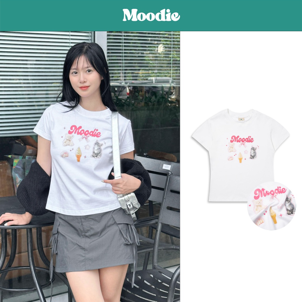 Baby Tee "Sticker" คอตตอน 100% | Moodie BRAND - สีขาว