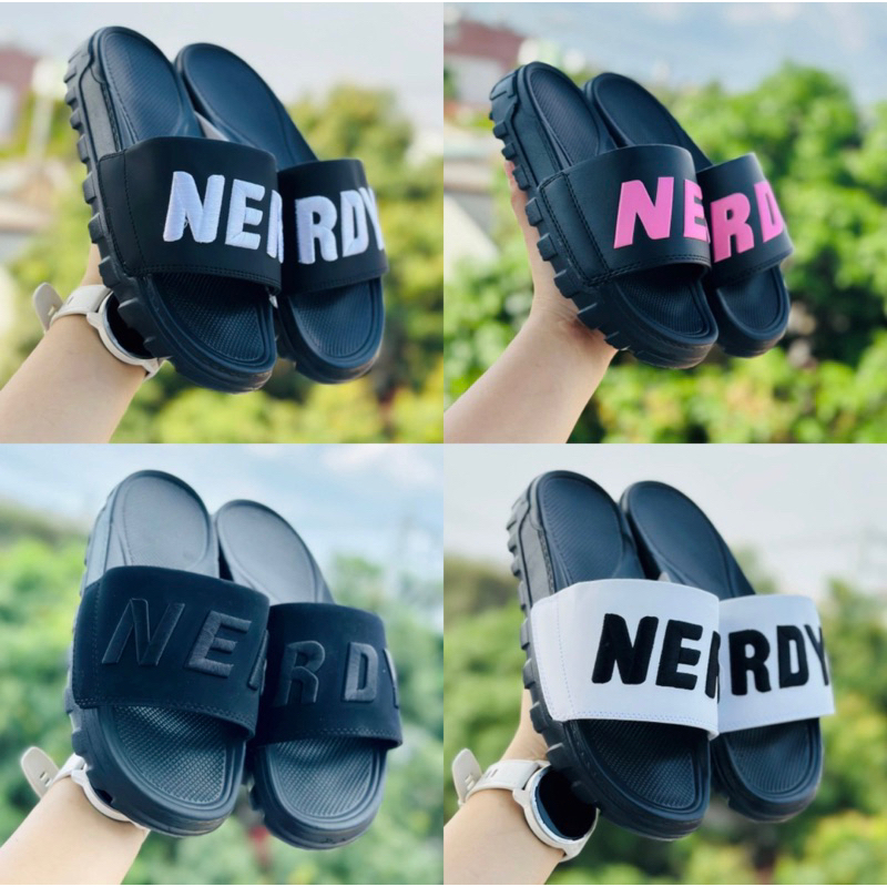 รองเท้าแตะ Nerdy สําหรับผู้ชายและผู้หญิง พื้น ซ้าย ขวา สูง 4 ซม. ปักสายรัดคํา NERRDY + Full BOX ️