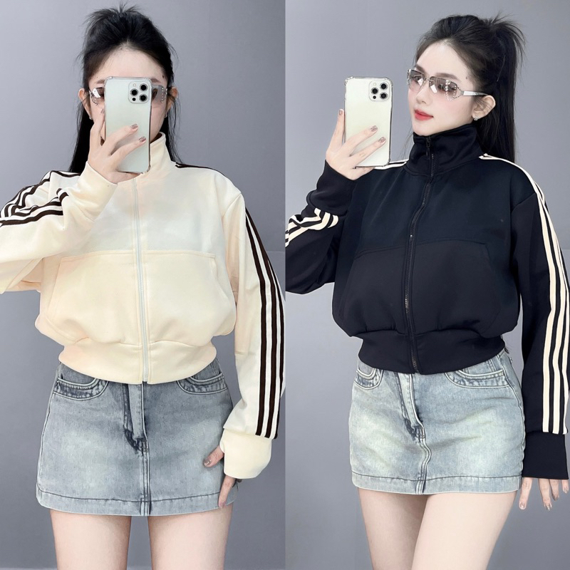 พี3 | Quynh Hi store เสื้อแจ็คเก็ตเสื้อครอปคอปกตั้งแถบแขน 3 แถบ HCMC