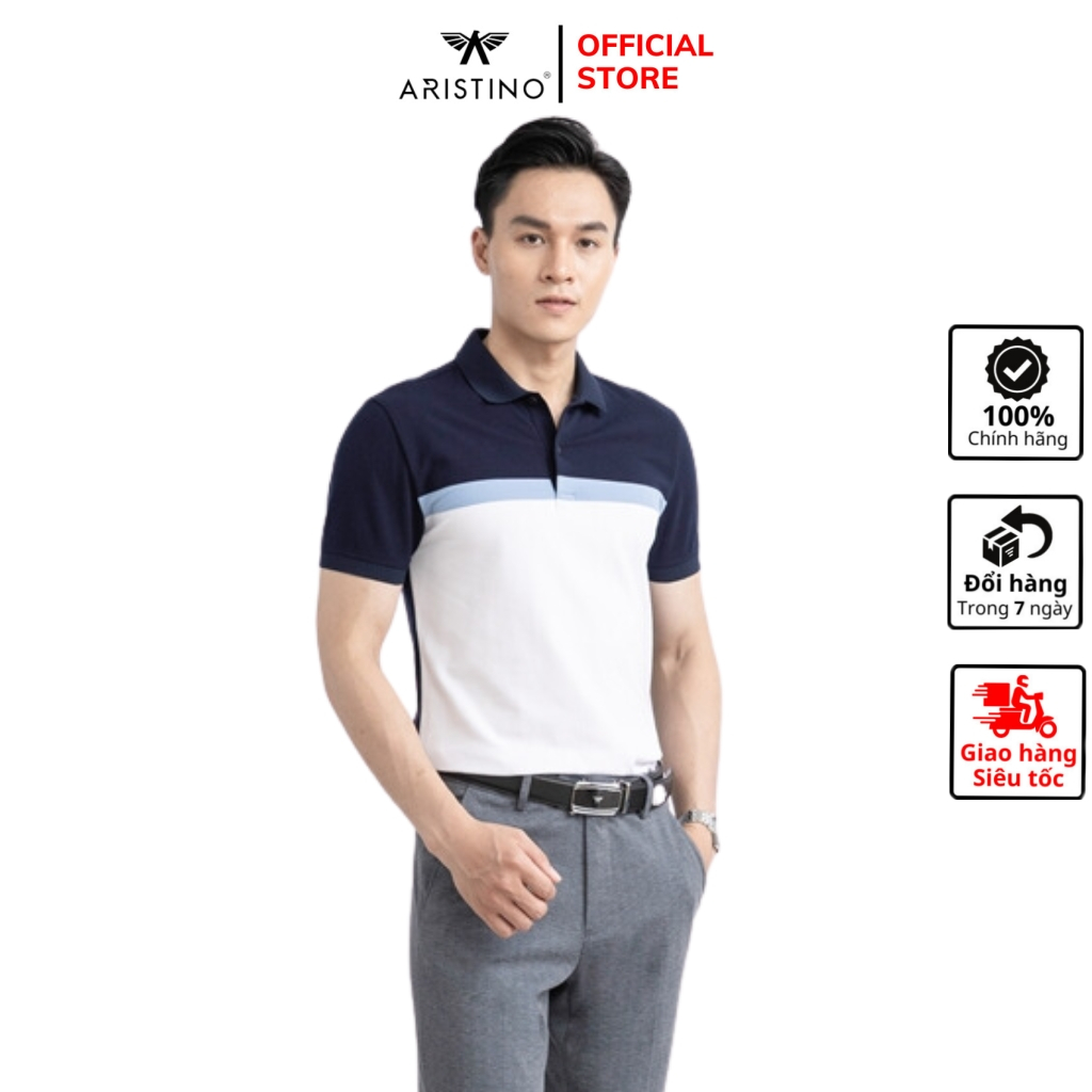 ARISTINO APS135S3 เสื้อโปโลแขนสั้นคอปกเปิดลง สีฟ้าถ่าน 24 แถบ Jacquard ทรงเข้ารูป ผ้าคอตตอนน้ําหนักเ