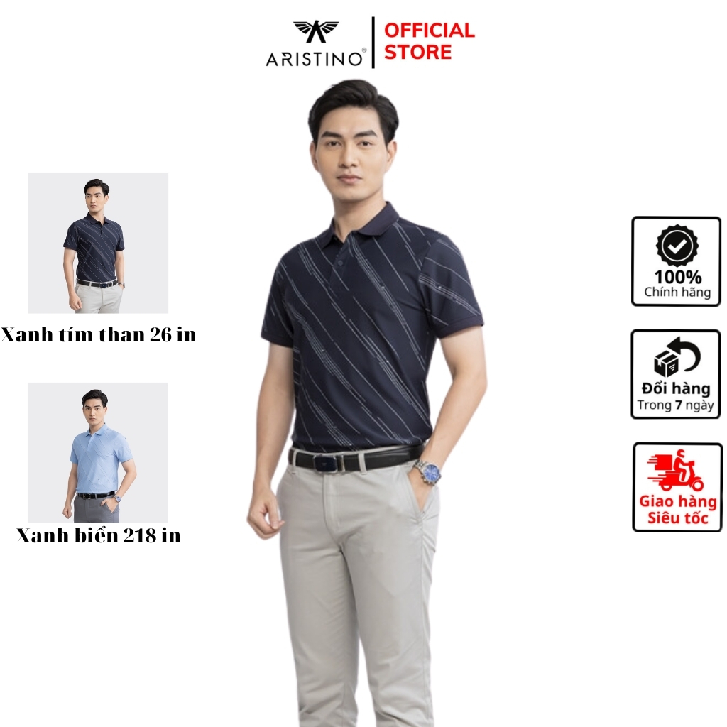 ARISTINO APS056S3 เสื้อโปโลแขนสั้นคอปกเปิดลง สีกรมท่า 218 in สีฟ้าถ่าน 26 ทรงหลวม ผ้า Freezing
