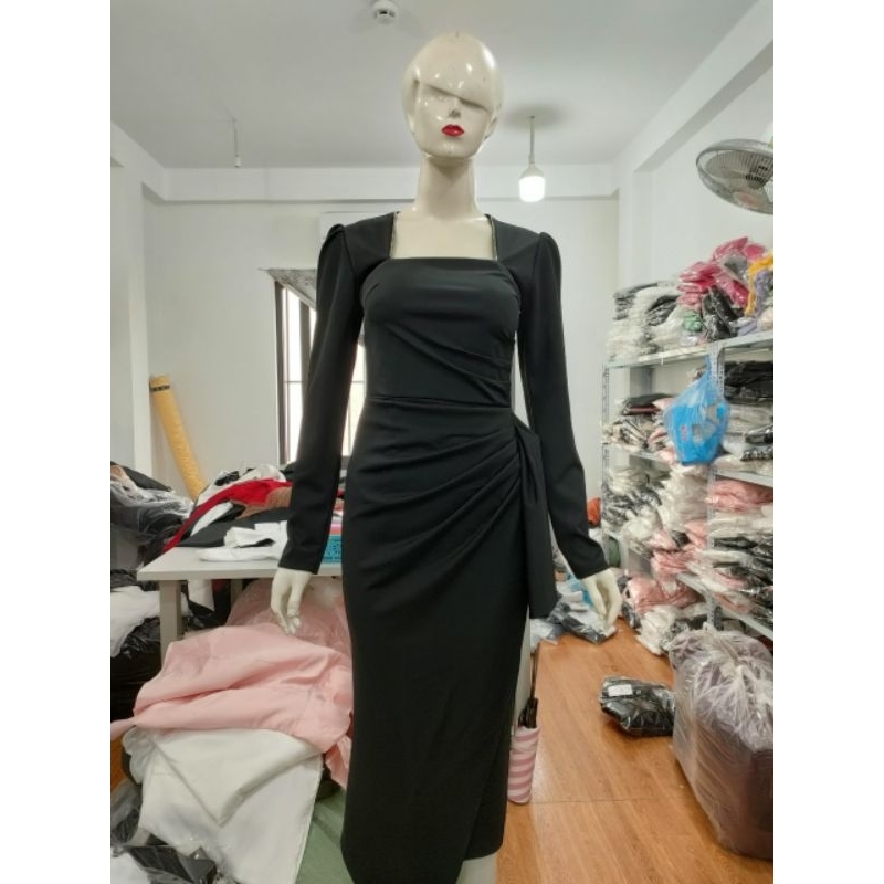 ชุดเดรส บอดี้คอน ผู้หญิงแขนยาว คอเหลี่ยม จีบซี่โครงและหิน เดรสออกงานสวยๆ - รูปที่ 2