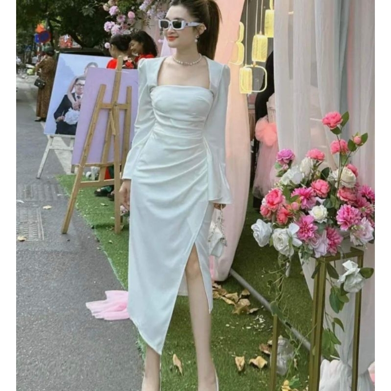 ชุดเดรส บอดี้คอน ผู้หญิงแขนยาว คอเหลี่ยม จีบซี่โครงและหิน เดรสออกงานสวยๆ