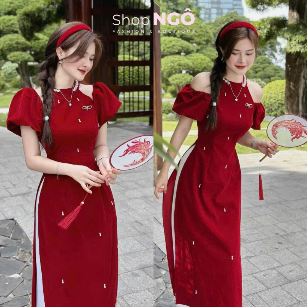 ชุด ao dai สีแดงแบบดั้งเดิมสําหรับ ET 2024, RED VELVET ao dai คล้องคอ ดอกไม้ลูกปัด ป้ายหิน แขนเปิดไหล่ + WHITE SILK PANTS
