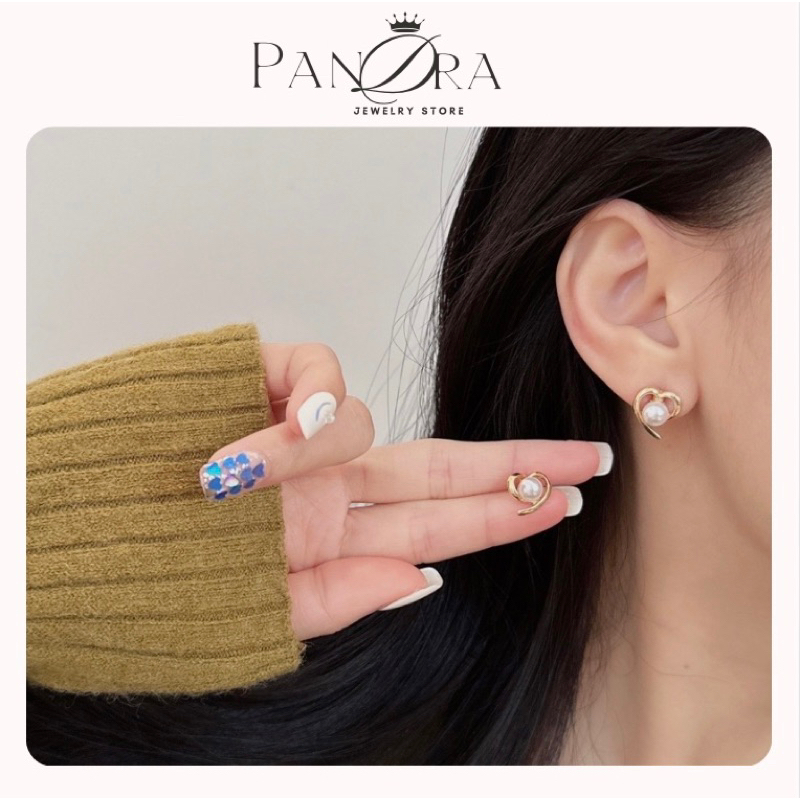 PANDRA Jewelry S925 ต่างหูหัวใจชุบเงิน