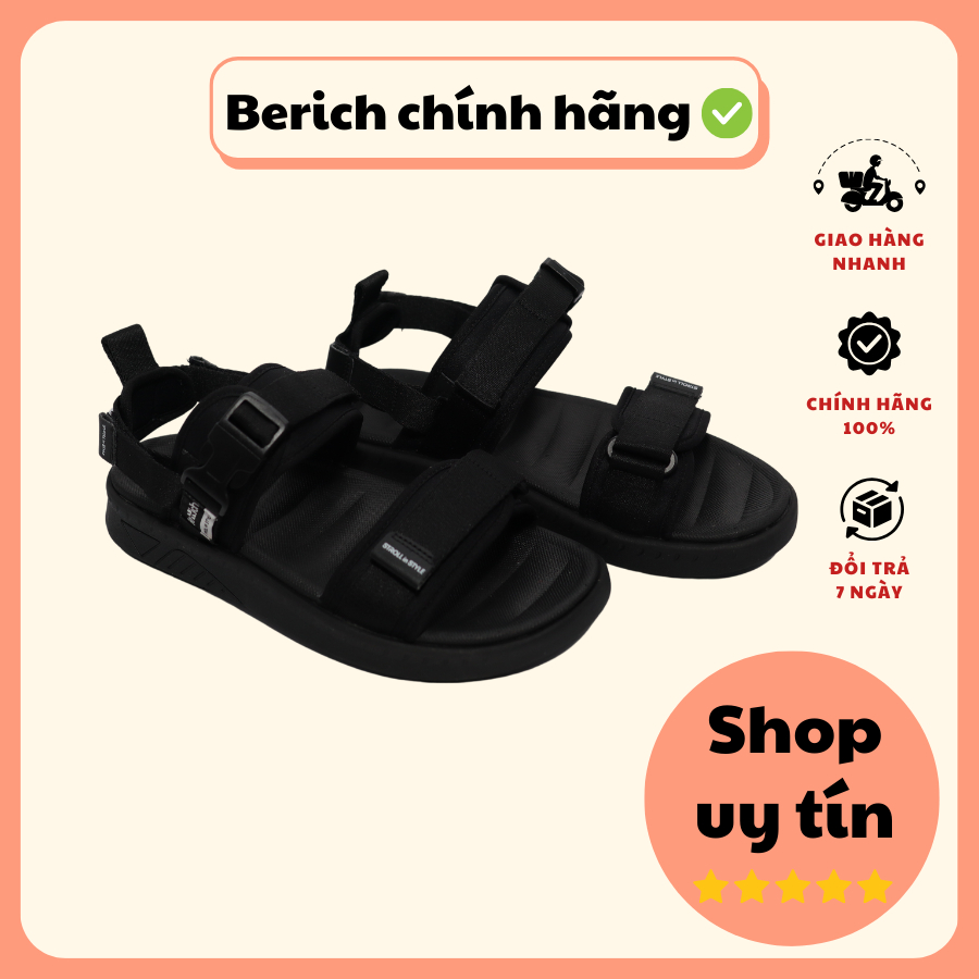 [GENUINE] BERICH รองเท้าแตะผู้ชายและผู้หญิง 2 สายสีดําเต็ม ANK01 - ไปโรงเรียน ออกไปข้างนอก