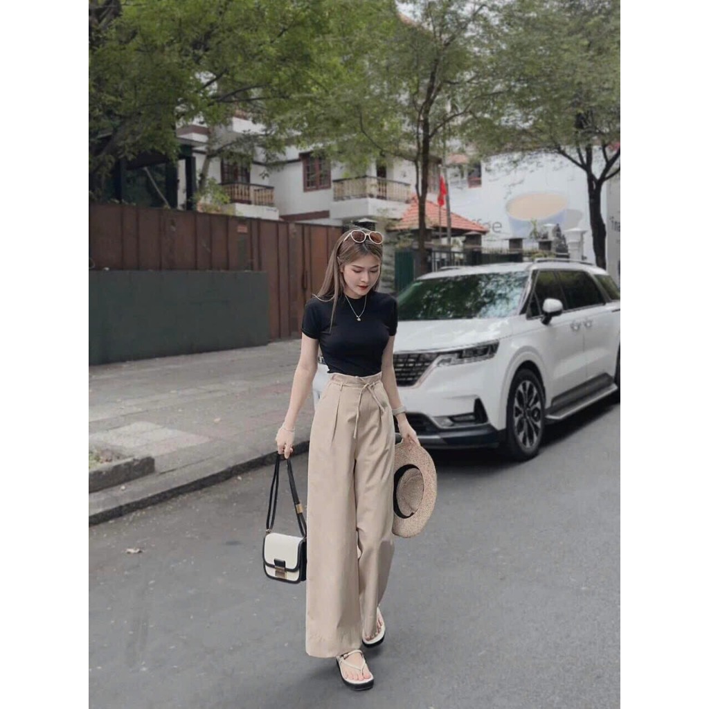 WOMENS OUTFIT SET, RIBBED เสื้อยืดผสมผ้าฝ้ายเย็น STRAIGHT-TUBE กางเกงสําหรับ GOING OUT, STREET, POLI