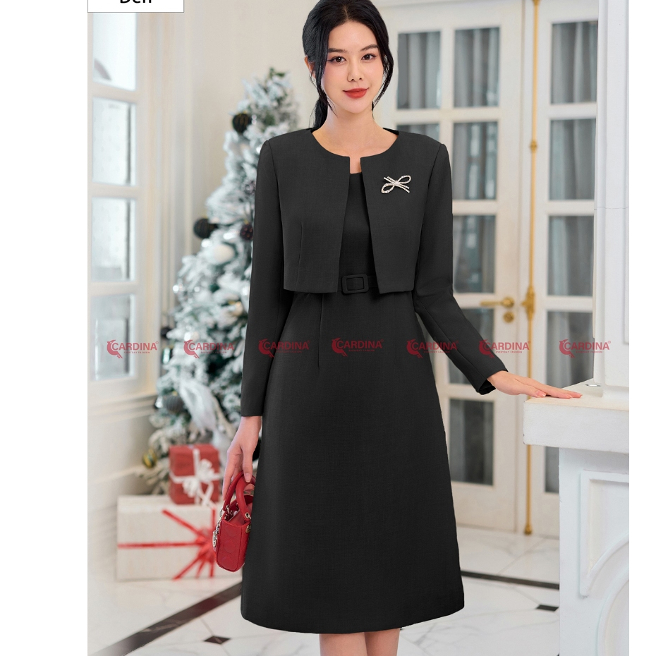 ชุดเสื้อกั๊กผ้าทวีตสํานักงาน Cardina, เสื้อคอปกนกนางแอ่น, อ่อนเยาว์, กระโปรงทรงเอเรียบหรู 3SVA05