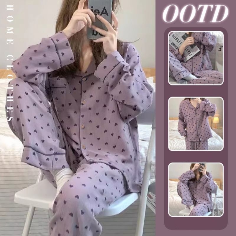 ชุดชุดนอนแขนยาวผ้าฝ้ายลายหัวใจสีม่วงแฟชั่นเรียบง่าย <ฐานข้อมูล07>