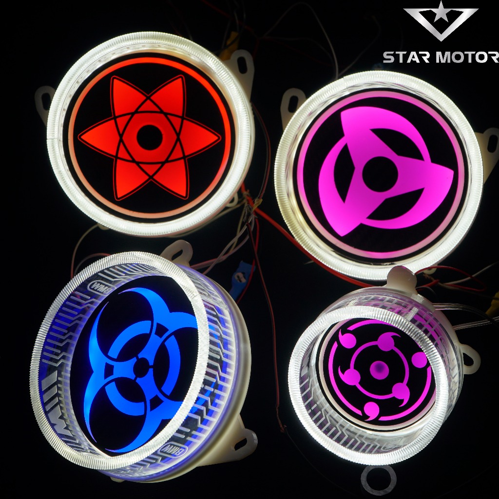 Sharingan หน้า Led หมุนได้พร้อมวงแหวนไฟ 3D cross-ball ติดตั้ง Demi สําหรับยานพาหนะไฟฟ้า รถมอเตอร์ไซด์ และรถยนต์