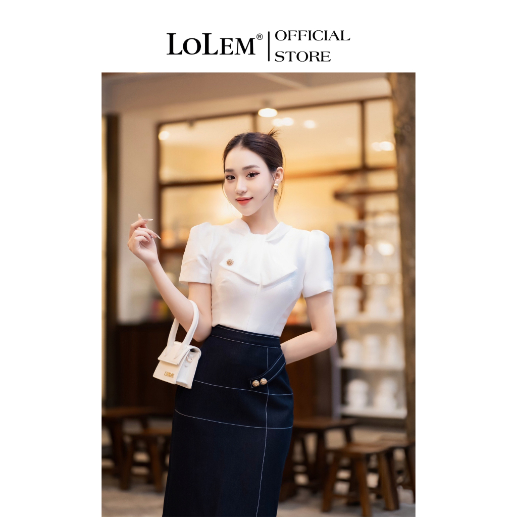 Lolem AK1441 เสื้อดีไซน์คอปกโบว์ เอวแน่น เนื้อทาทาเนื้อนุ่ม