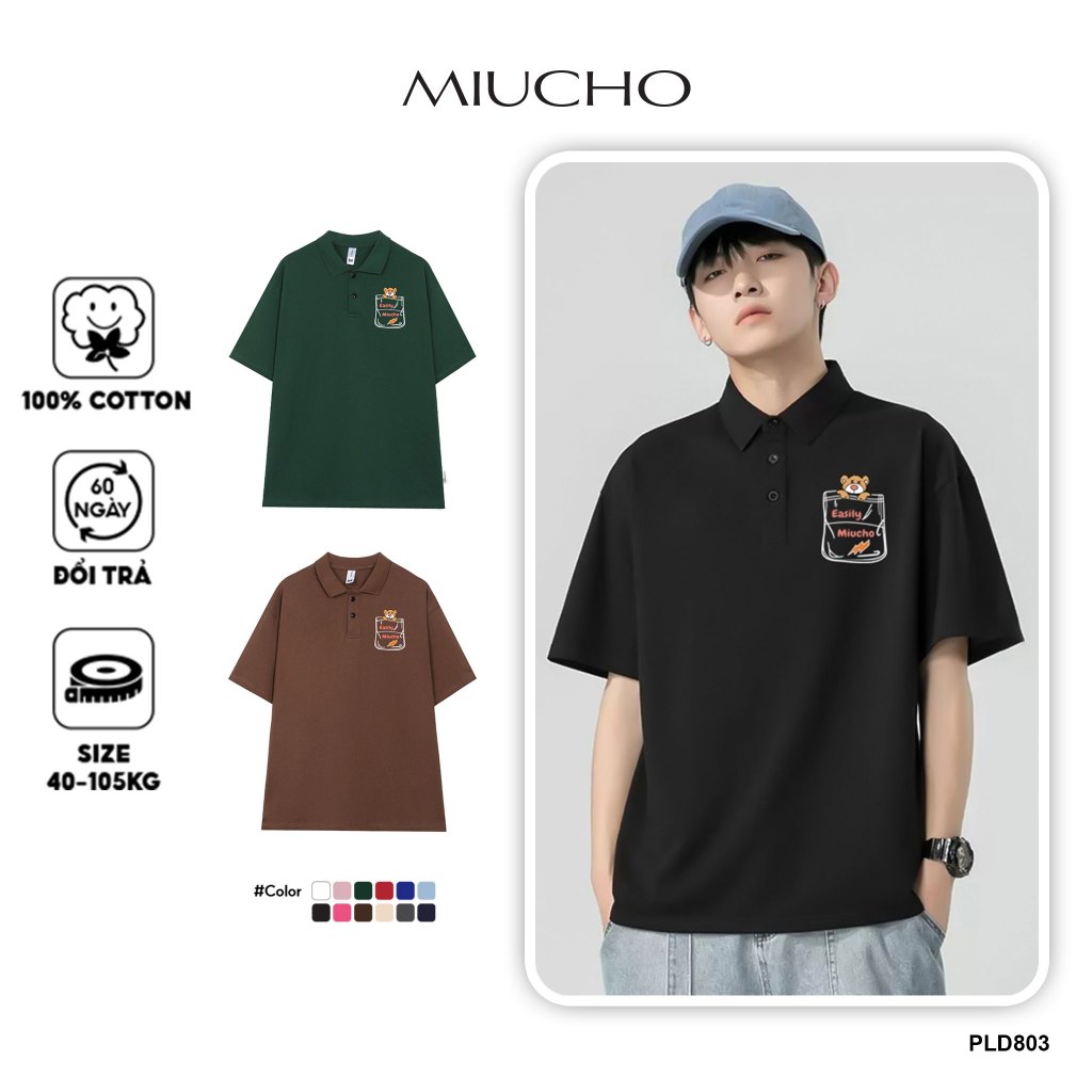 เสื้อโปโลผู้ชายทรงพอง PLD803 Miucho Man เสื้อคอเต่าผ้าฝ้ายแขนสั้นพิมพ์ลายพื้นฐาน