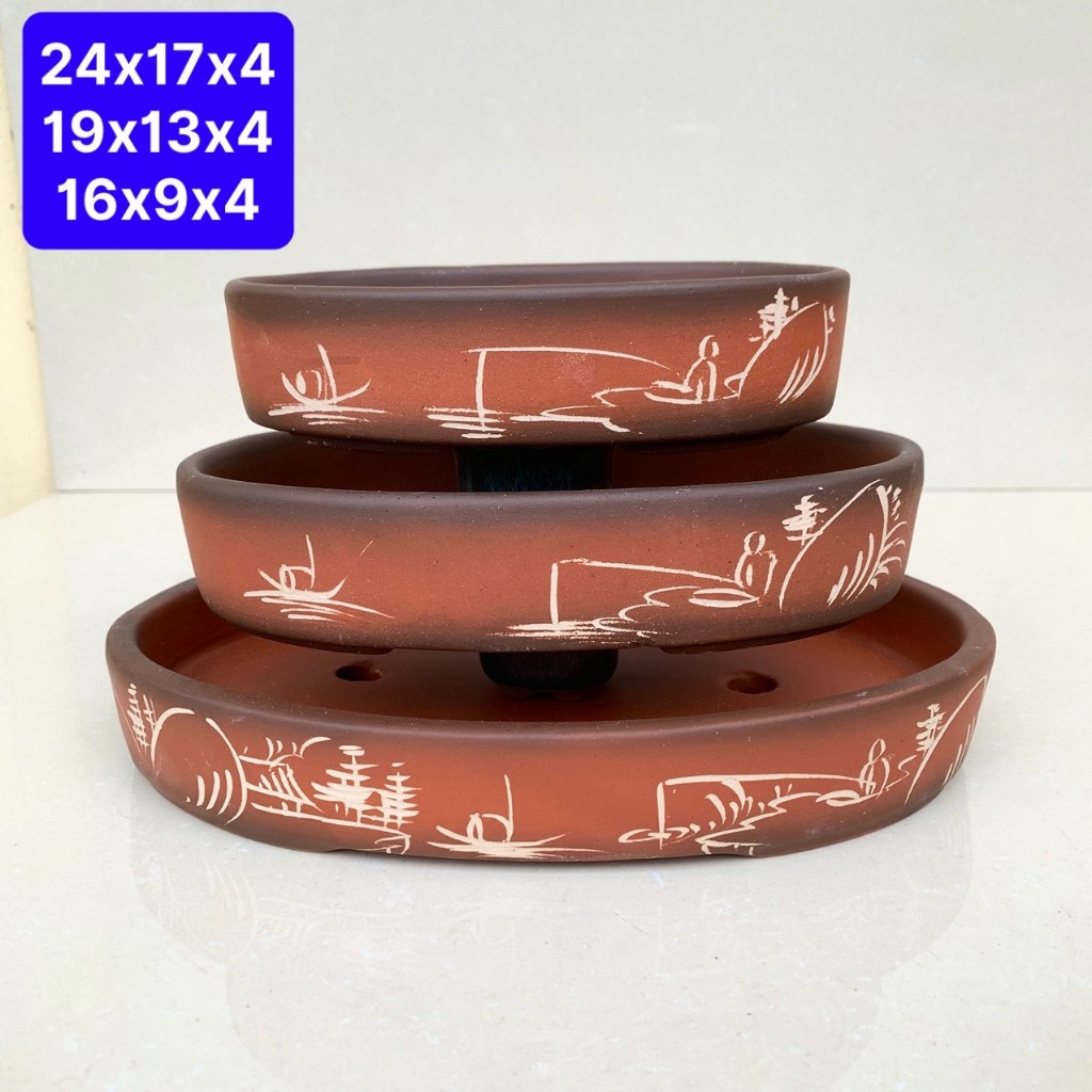 กระถางบอนไซสีแดงทรงรี3ขนาด เอสพี789