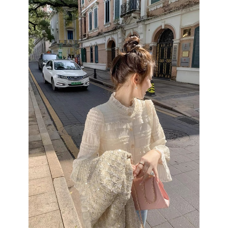 เสื้อเชิ้ตสไตล์เลดี้สุดหรูทําจากผ้าชีฟองลาดูระบายลูกไม้คุณภาพสูงและแขนบานจากกวางโจว