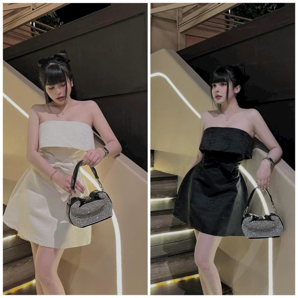 ชุดเดรสผู้หญิงดีไซน์มีสายคล้องคอและโบว์ผ้าลายไม้แท้ทรงบานสําหรับผู้หญิงออกนอกบ้านปาร์ตี้ เซนต์003