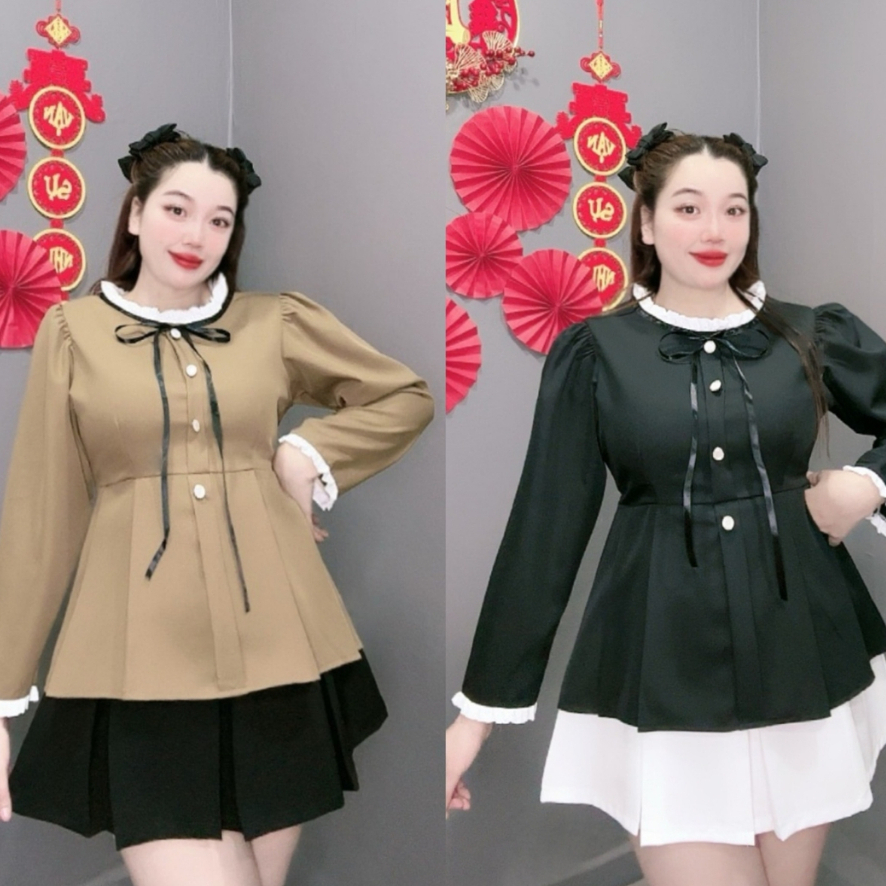 ขนาดใหญ่ เสื้อเชิ้ตเลดี้แขนพัฟยาว ทรงบาน กระดุมห่อสวย ขอบระบาย หุ่นเชิด ผ้าคอตตอนนิ่มคูล - เอสเอ็ม155