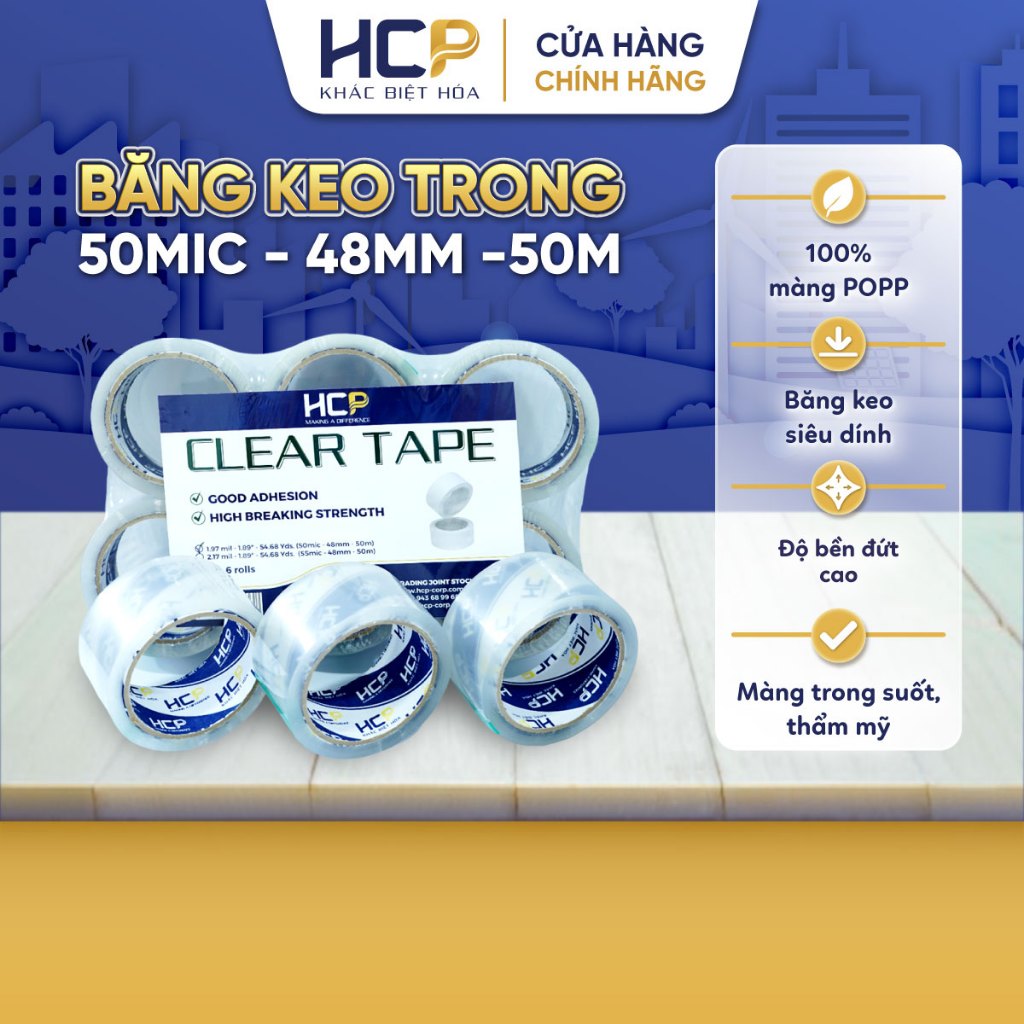 จํานวนมาก 6 ม้วนของ HCP Super Adhesive Clear Tape 50 ม. ความทนทานสูงปิดผนึกที่แข็งแกร่ง