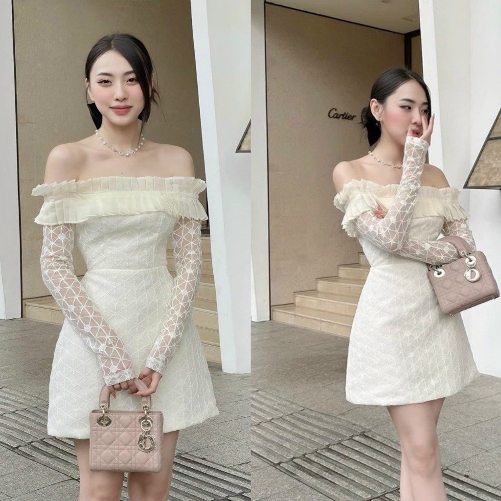 เดรสสั้นผู้หญิงออกแบบด้วยลูกไม้ตาข่ายไม่คันน่ารักปิดไหล่ปาร์ตี้หรูหราสวมใส่ เซนต์011