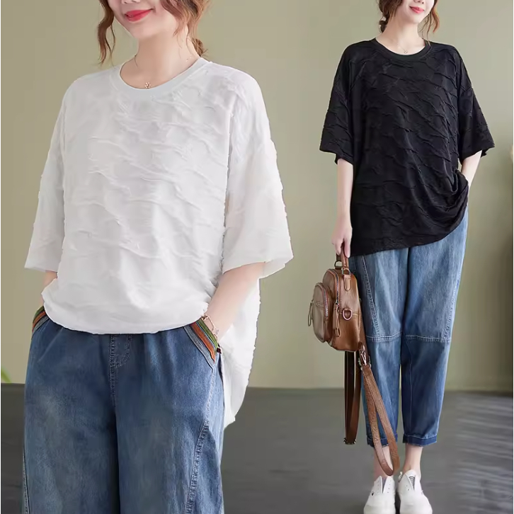 ก547 ฟรีไซส์ เสื้อยืดไซส์ใหญ่ สองสี ขาวดํา ดีไซน์อ่อนโยน ฟอร์มใส่สบาย