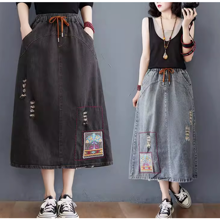 ก542 กระโปรงยีนส์ไซส์ใหญ่ฟรีไซส์ สไตล์วัยรุ่น ต่อง่าย