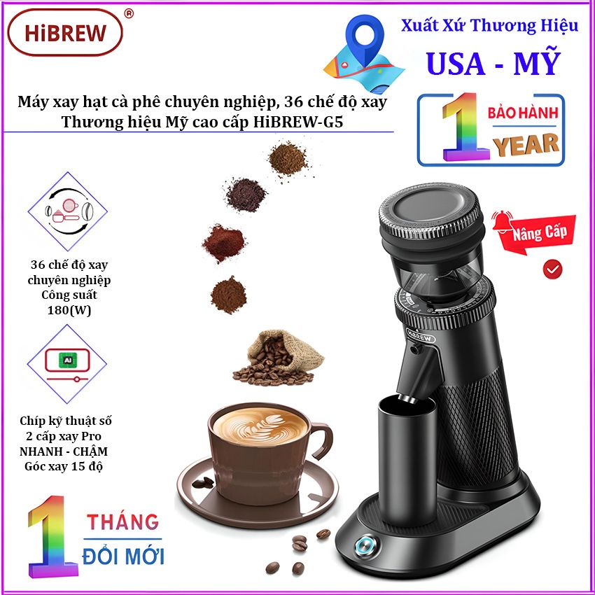 เครื่องบดเมล็ดกาแฟแบบมืออาชีพ เดี่ยว ปริมาณ แบบบูรณาการ 36 โหมดการบด แบรนด์อเมริกันพรีเมี่ยม HiBREW-