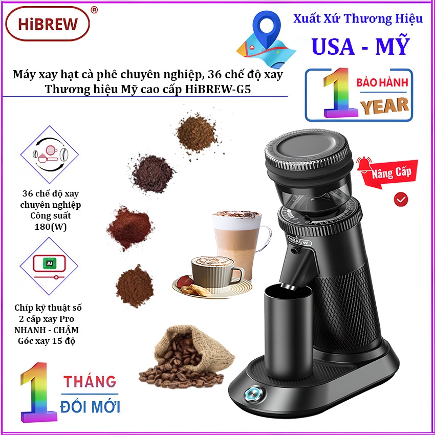 เครื่องบดเมล็ดกาแฟแบบมืออาชีพ เดี่ยว ปริมาณ แบบบูรณาการ 36 โหมดการบด แบรนด์ HiBREW-G5