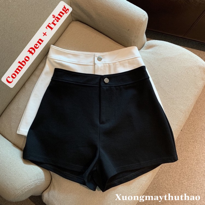 [COMBO 1 BLACK 1 WHITE] กางเกงขาสั้นผ้ายืด umi เอวสูงผู้หญิงมีกระดุม