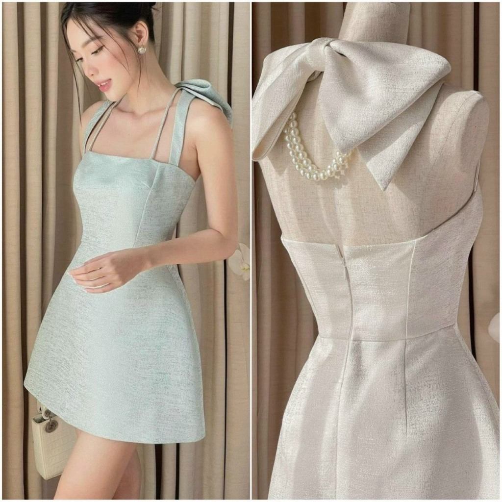 [ High-end Designer dress ] เดรสทาฟต้าลายหินมีโบว์ด้านหลังและสร้อยคอมุก 3-sie สีฟ้าและสีขาวน่ารัก ST024