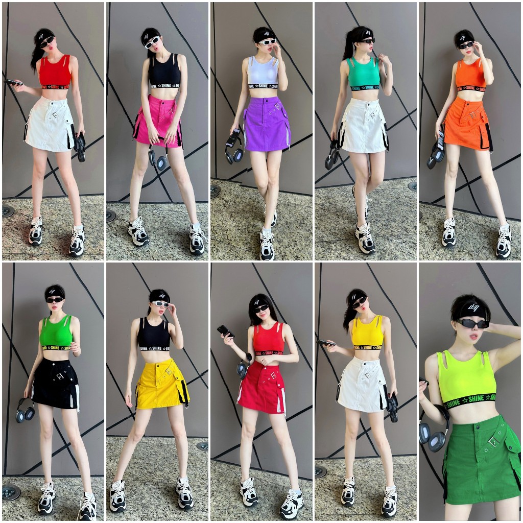 Set KAKI SKIRT +BRA SHINE Zumba, Gym, โยคะ, แอโรบิก, Shruffle Dance, ฟิตเนสของผู้หญิง