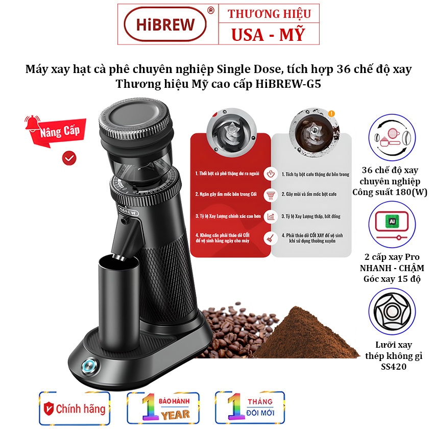 เครื่องบดเมล็ดกาแฟ Hibrew 36 โหมด - รหัสแบรนด์ My G5 Single Dose - 12 เดือน